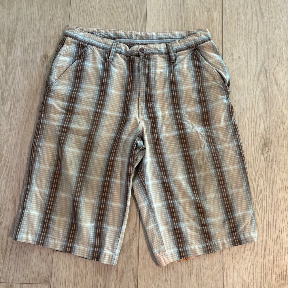 Vintage Baggy Plaid Beige Shorts Mens Size 34